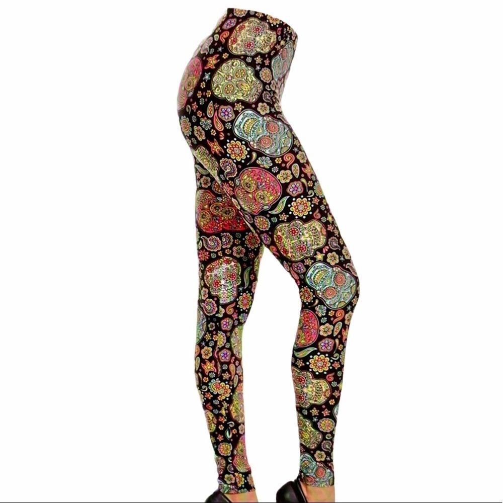 Multicolor Skulls Brushed Ankle Leggings Plus Size Pants NEW